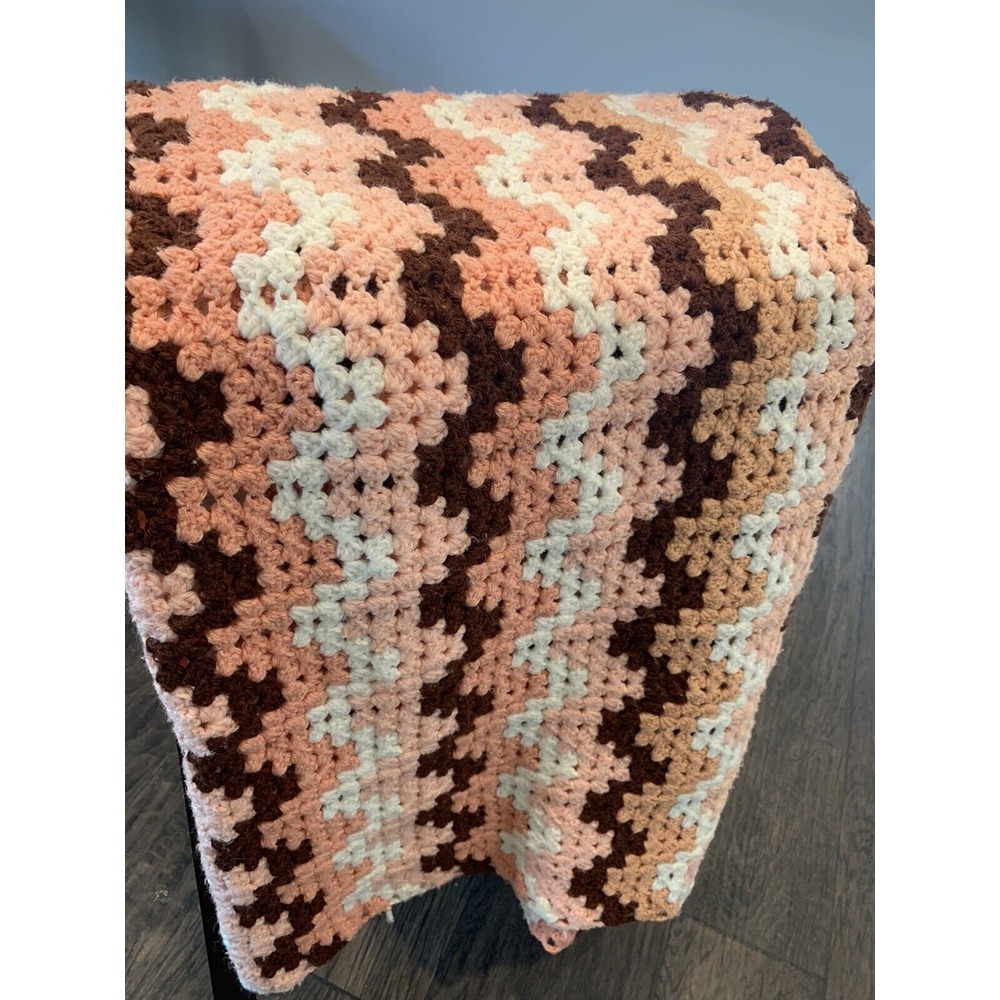 Vintage HANDMADE CROCHETED AFGAN 70" X 55" CHEVRON PATTERN Peach Pink Brown